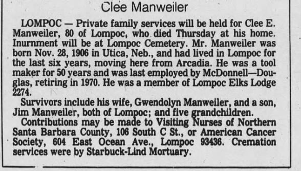 Obituary for Cle'e Manweiler (Aged 80)